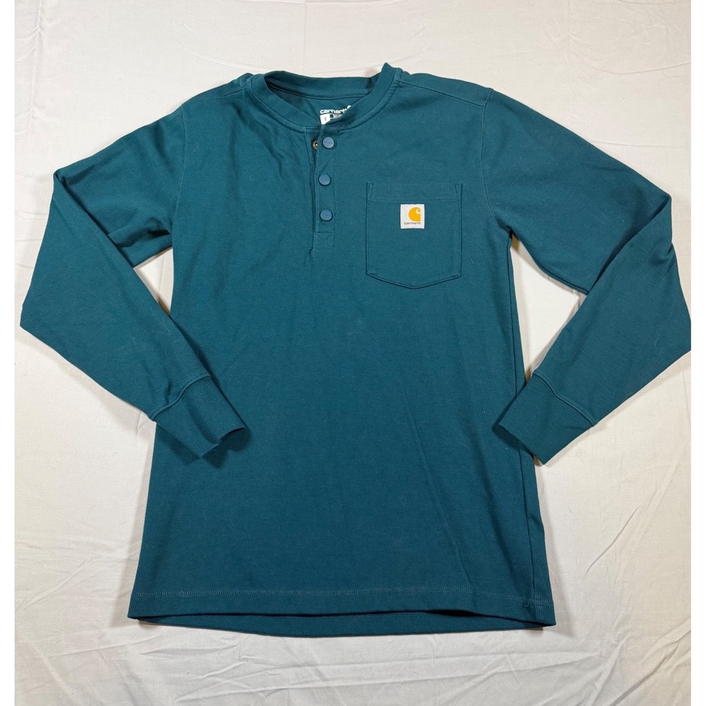Carhartt Mens Relaxed Fit Waffle Knit Henley Shirt Teal Small Utility Workwear
